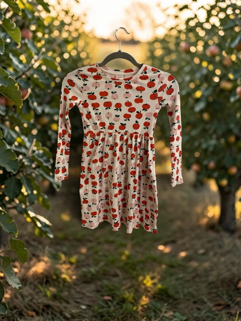 HANNA ANDERSON Girls 8 Long Sleeve Apple Fall Dress Cream w/ Red Apple Pattern